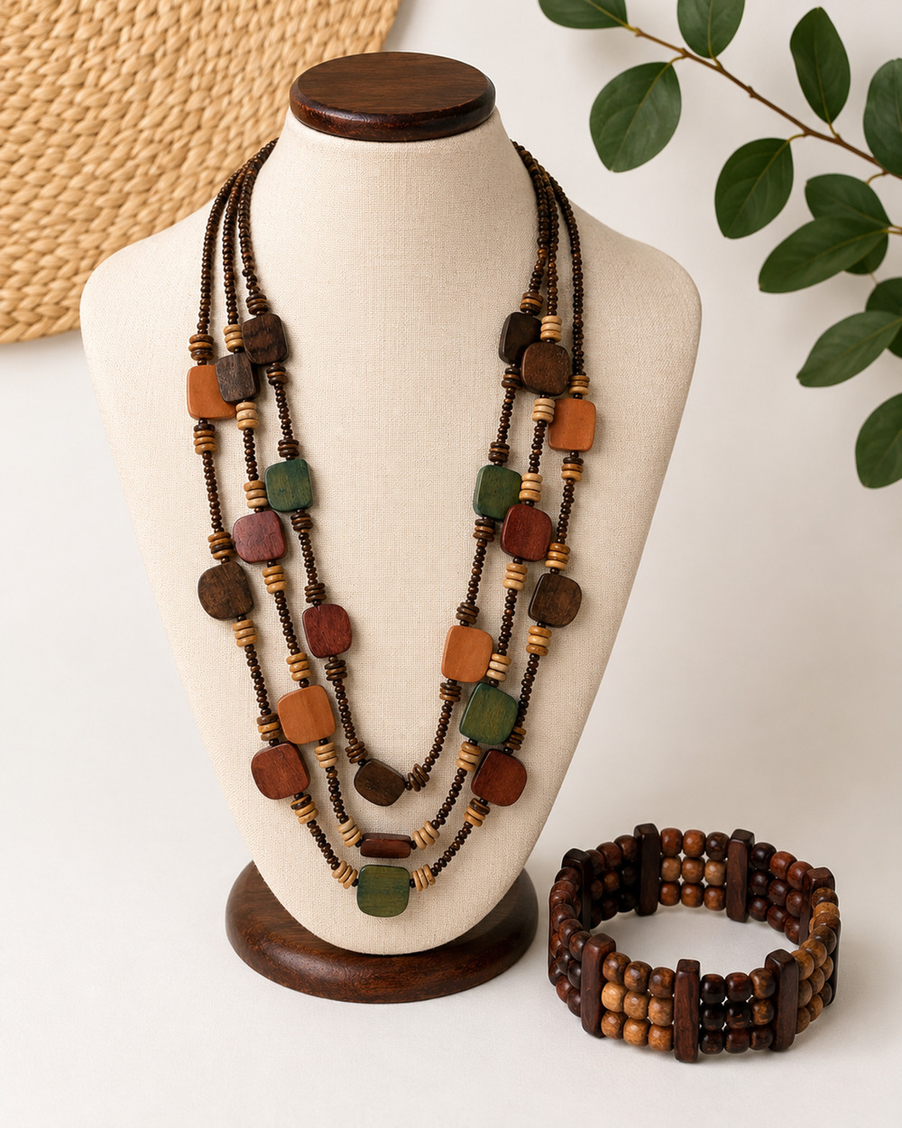 Boho Wooden Beaded Necklace & Stretch Bracelet Set Multicolor Artisan Wood